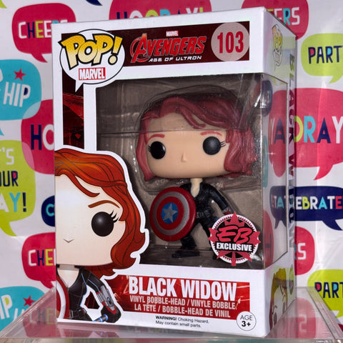 BOX FLAWS VIEW PHOTOS Black Widow with Shield - Marvel Funko Pop 103 Vinyl Figure Exclusive