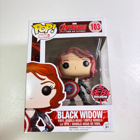 BOX FLAWS VIEW PHOTOS Black Widow with Shield - Marvel Funko Pop 103 Vinyl Figure Exclusive