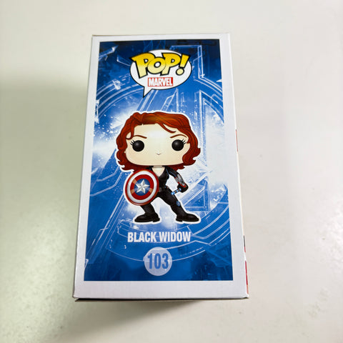 BOX FLAWS VIEW PHOTOS Black Widow with Shield - Marvel Funko Pop 103 Vinyl Figure Exclusive