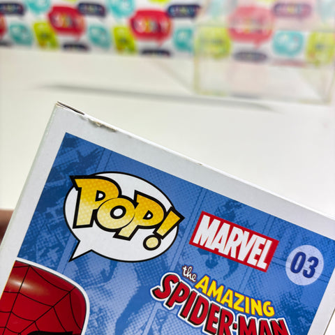 BOX FLAWS VIEW PHOTOS Spider-man Black Version - Marvel Funko Pop 03 Vinyl Figure Exclusive