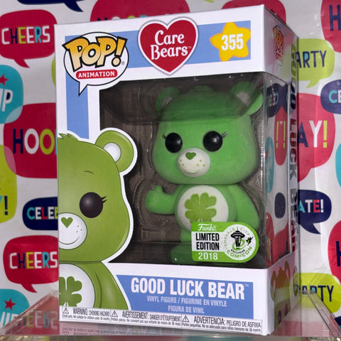 BOX DAMAGE VIEW PHOTOS Good Luck Bear FLOCKED - Care Bear Funko Pop 355 Convention Exclusive
