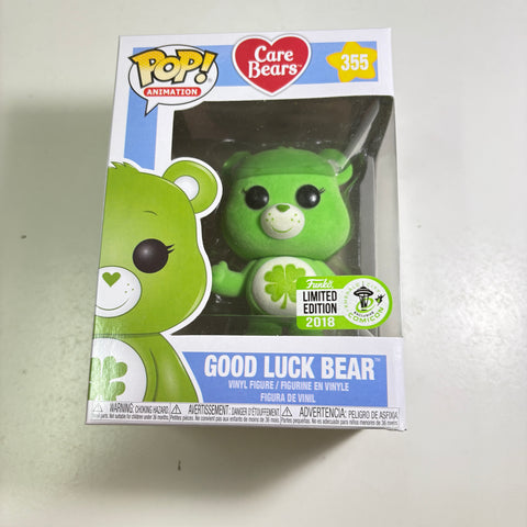 BOX DAMAGE VIEW PHOTOS Good Luck Bear FLOCKED - Care Bear Funko Pop 355 Convention Exclusive
