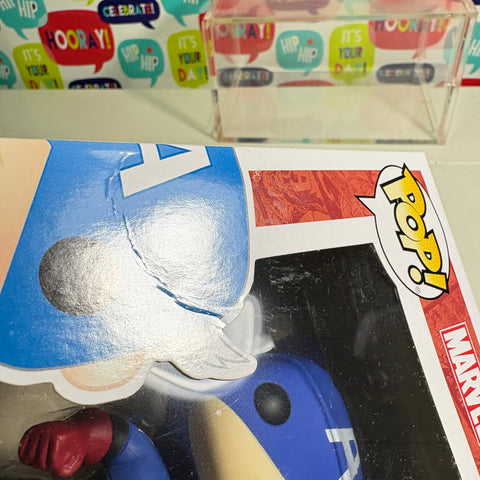 BOX FLAWS VIEW PHOTOS Captain America Summer Convention - Marvel Funko Pop Vinyl Figure (11.4 Cm L × 8.9 Cm W × 15.9 Cm H)