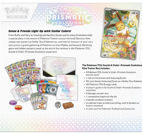 Pokémon TCG: Scarlet & Purple Elite Trainer Set - Prismatic Evolutions (1 Fully Illustrated Promo Card, 9 Booster Packs & Premium Game Accessories)